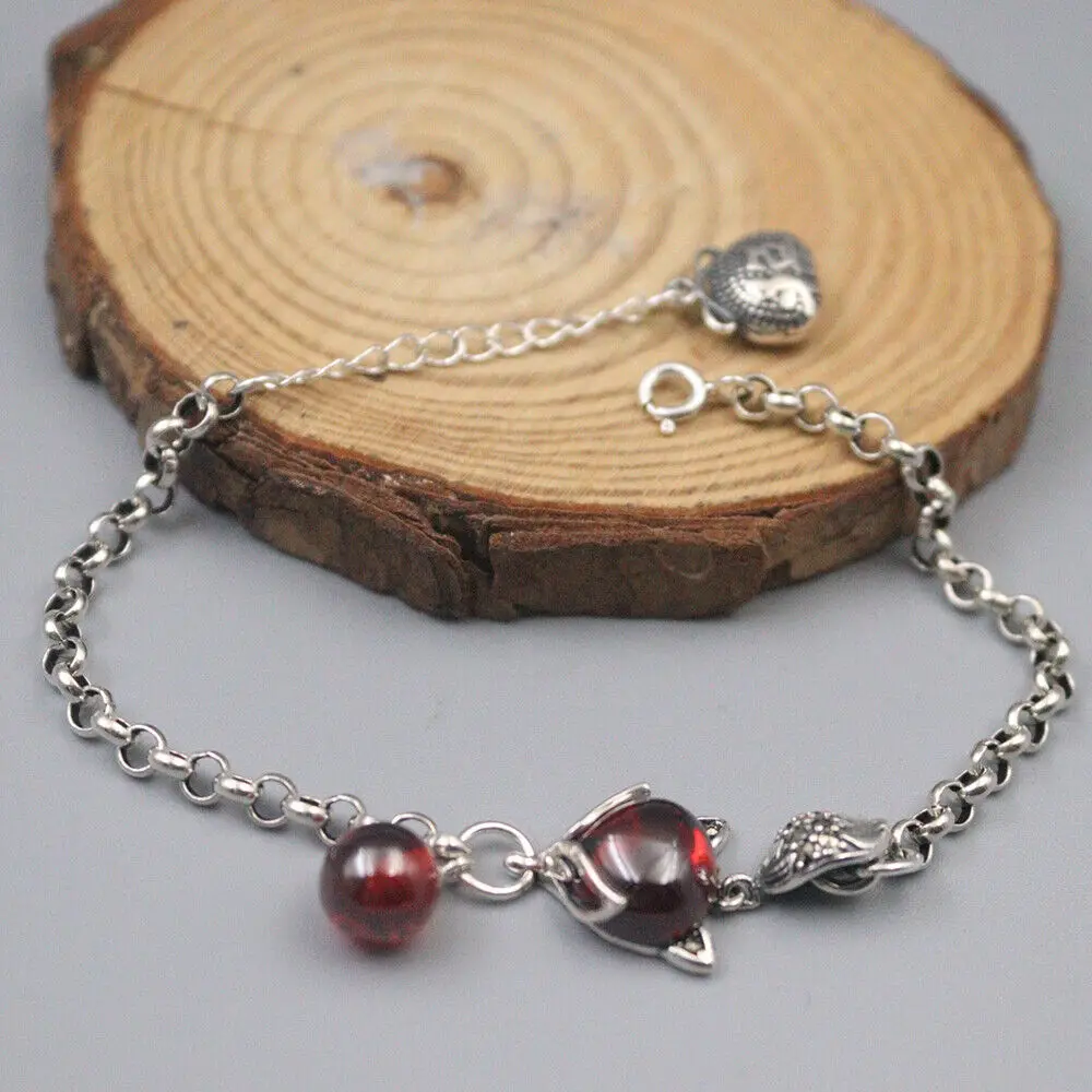

Pure 925 Sterling Silver Rolo Link With Red Chalcedony Fox Charm Bracelet