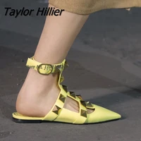 new luxury brand rivet pointed toe flat shoes sexy ankle buckle strap slippers fashionable roman cutout womens shoes