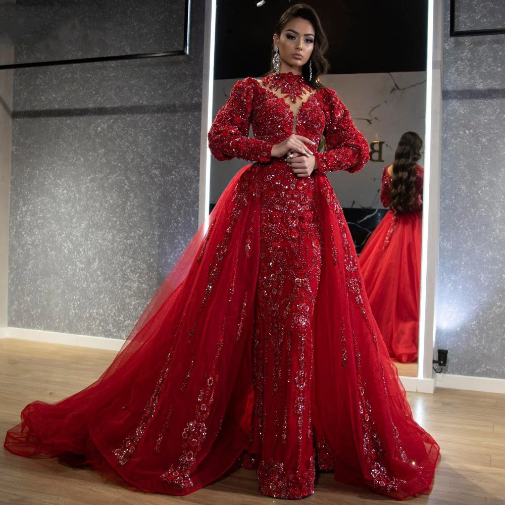 

Luxury Beading Red Evening Dresses with Detachable Train Dubai Arabic Women Formal Party Dress Mermaid Prom Gown with Overskirts