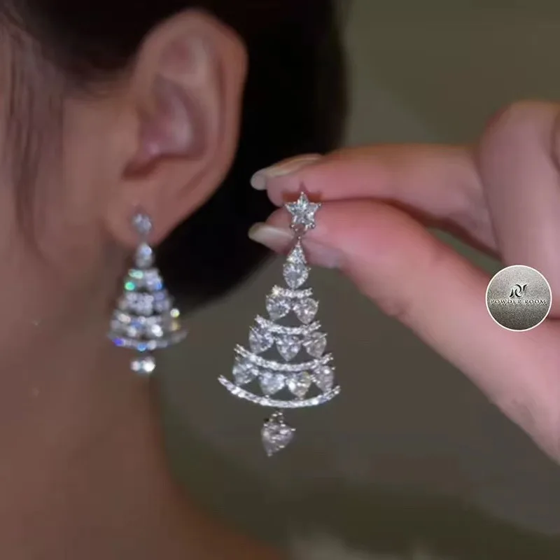 2021 Fashion Winter Earrings,925 Silver Needle Light Luxury Christmas Tree Stud Earrings,Zircon Tassel Xmas Tree Earrings