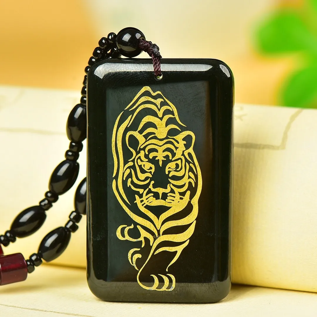 

Natural Green Jade Tiger Pendant Beaded Chain Rectangular Charms Necklace Men Women Genuine Hetian Jades Nephrite Sweater Chain