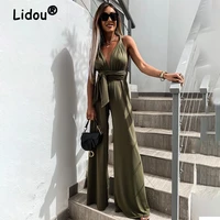 backless sexy deep v neck bandage hollow out straps bodysuit jumpsuit women y2k casual solid playsuits wide leg pants summer