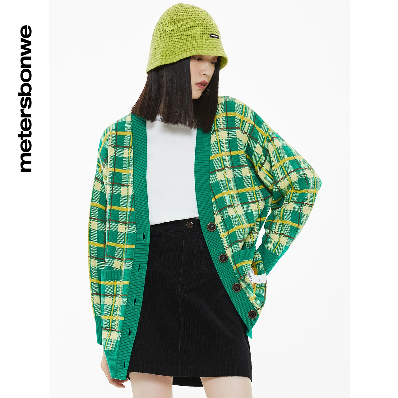 Metersbonwe Green Check Cardigan Women Autumn Super Loose Fashion Pullover Warm Casual Off-Shoulder Men Cardigan Brand Tops