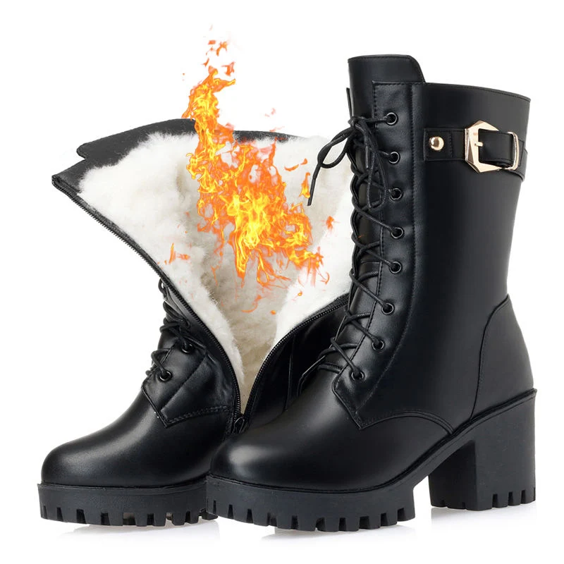 Зимние кожаные женские сапоги 2021 нескользящая теплая женская обувь на высоком