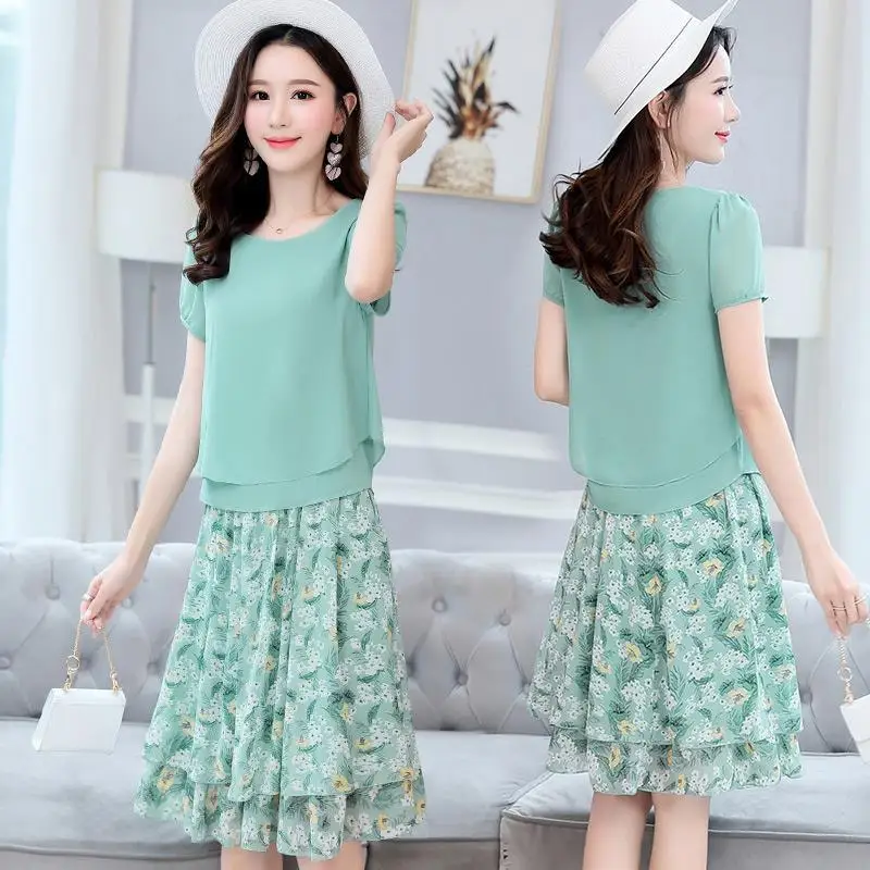 

Модный женский костюм с юбкой, лето 2023, корейские юбки с высокой талией и цветочным принтом, шифоновая одежда, костюм из двух предметов, E53