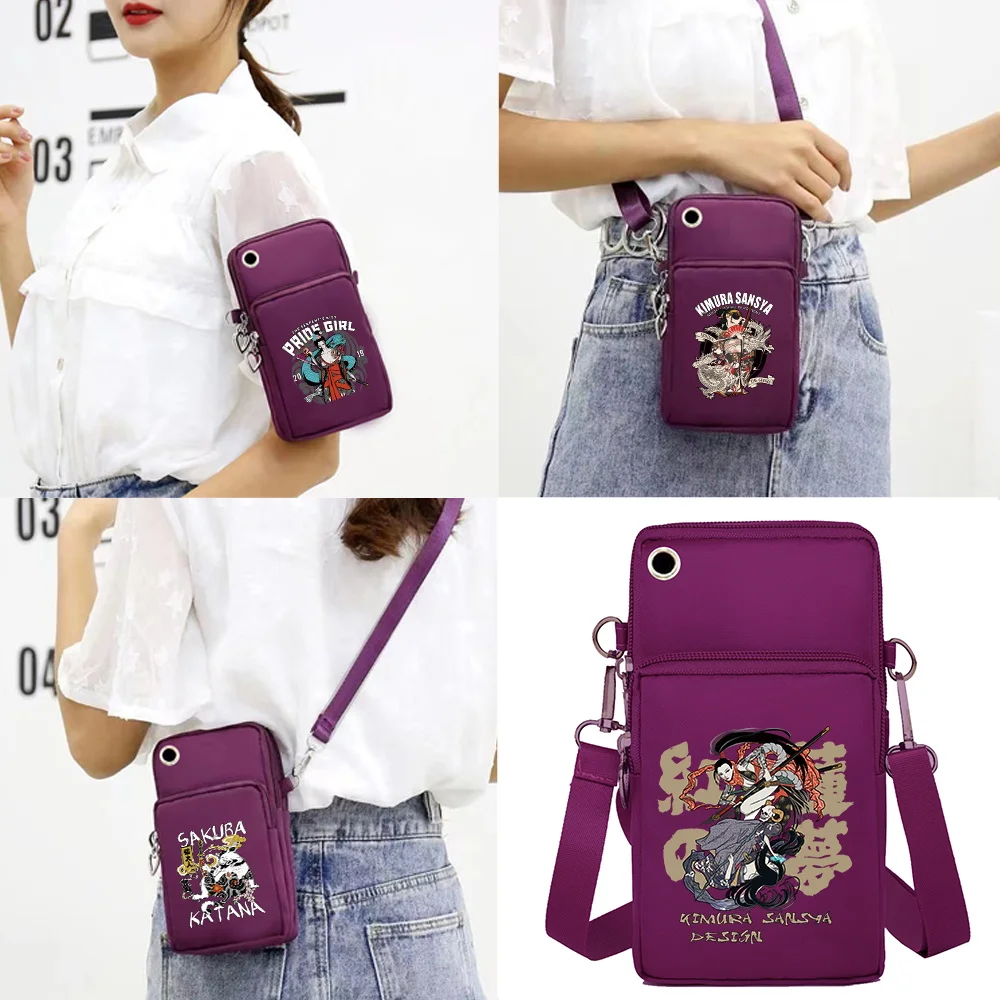 

Women Mobile Phone Bags Wallets Card Holder Samurai Print Shoulder Bag Apple/Huawei/Xiaomi Universal Cell Phone Packet Arm Purse
