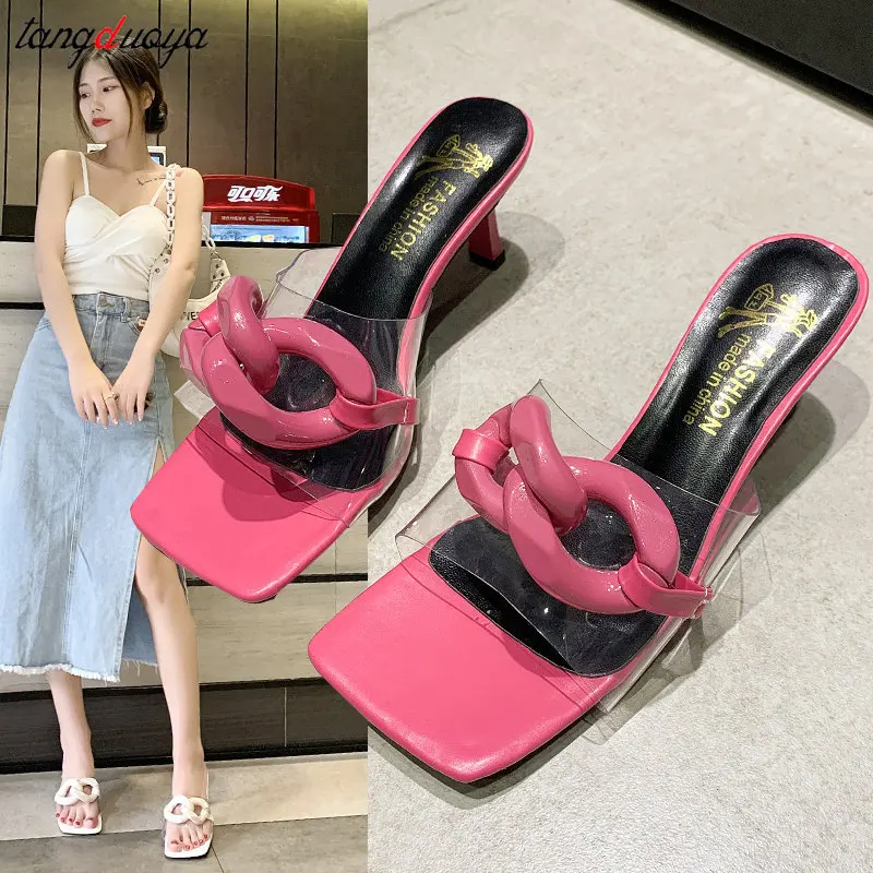 

Transparent Slippers For Women Outside Metal Chain High Heels Ladies Sandals Square Toe Summer Shoes Female Pumps 2022 Footwear