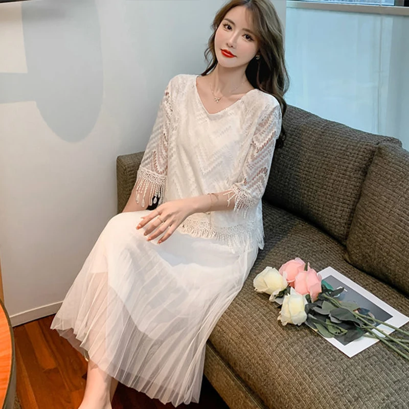 

Lace Summer White Tops And Knee Length Dress Fairy College Style School Student Suit Fashion Two Piece Set Sexy Women Streetwear