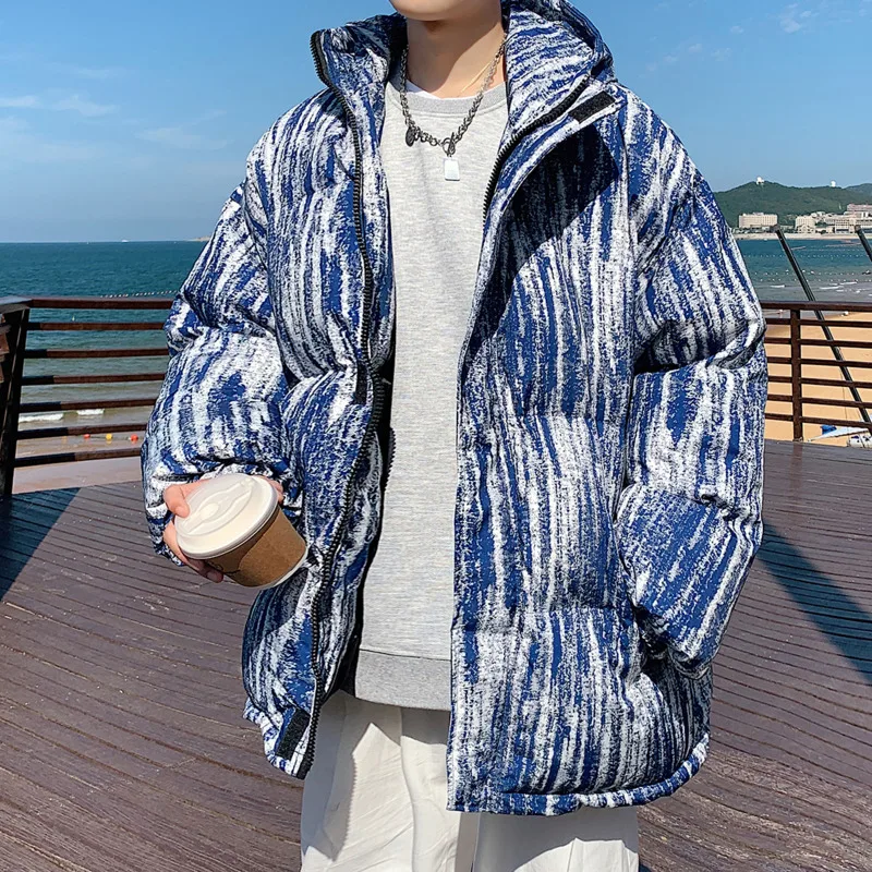 Winter Jacket Men Warm Fashion Retro Striped Thickening Jacket Men Streetwear Loose Short Coat Mens Parker Large Size M-5XL