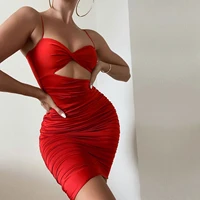 red sexy cutout bandeau sling sheath dress womens night show backless wrap chest v neck tight one step short skirt