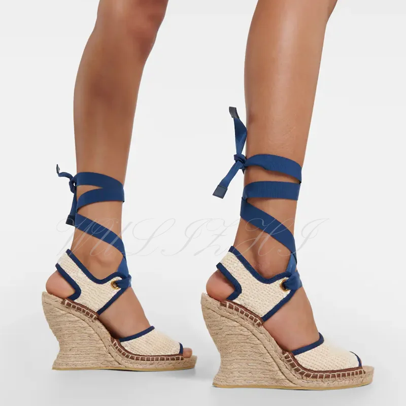 Blue Strappy Espadarille Wedge Sandals Women's Pink Embroidery Apricot Casual Heels Peep Toe Bow Hollow Winding Slingback Shoes