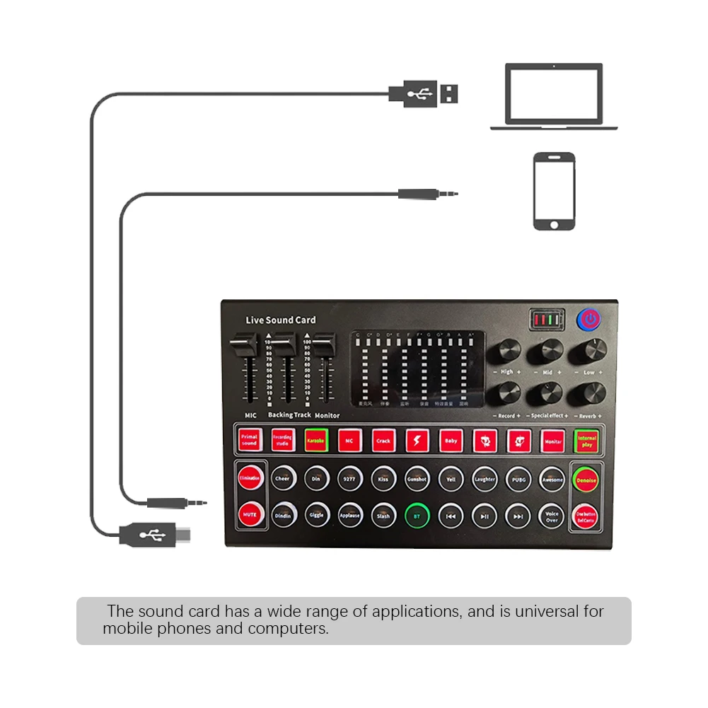 

Multiple Effects Home Office Digital Music Studio External Voice Changer Broadcast Live Sound Card Mixer Board Active