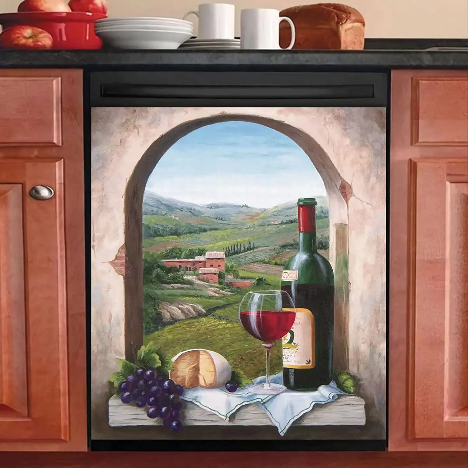 

Wine Dishwasher Cover Sticker Kitchen Decor,Country Brick Window Refrigerator Door Sticker,Farm Wine Decal for Fridge Ho