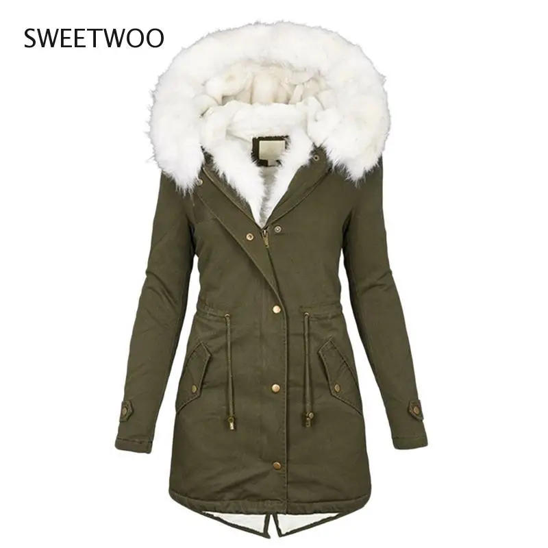 Winter Jacket Women 2021 White Fur Collar Fleece Mid-Length Cotton Hooded Warm Velvet Solid Color Fashion Coat Woman Jacket Tide