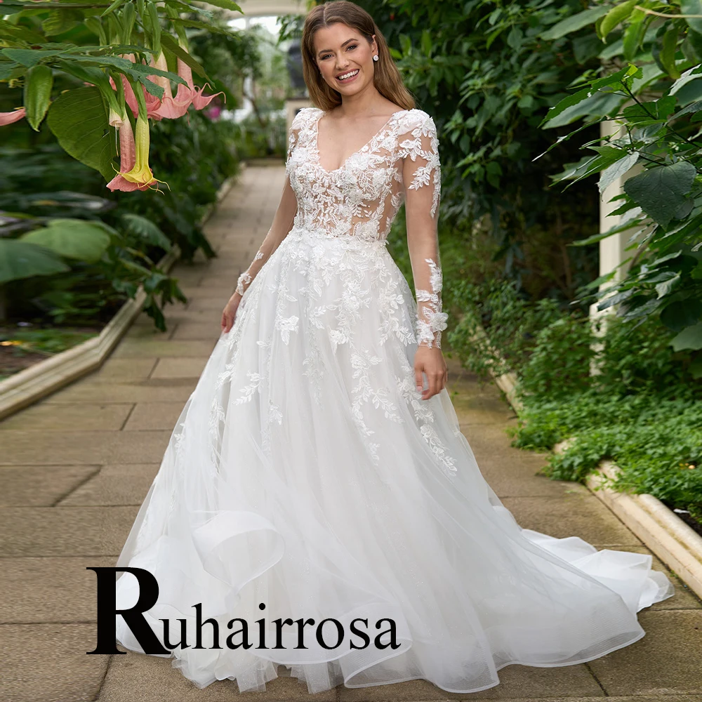 

Ruhair Trendy V-Neck Rhinestones Wedding Dresses For Bride Appliques Lace Sequined Court Train A-Line Custom Made Robe De Mariée