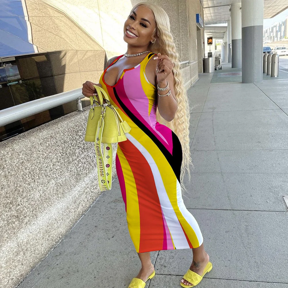 

Sylph Color Block Printing Women Colorful Stripe Sleeveless Dress Midi Bodycon Sexy Party Club Outfits Wholesale Items Holiday
