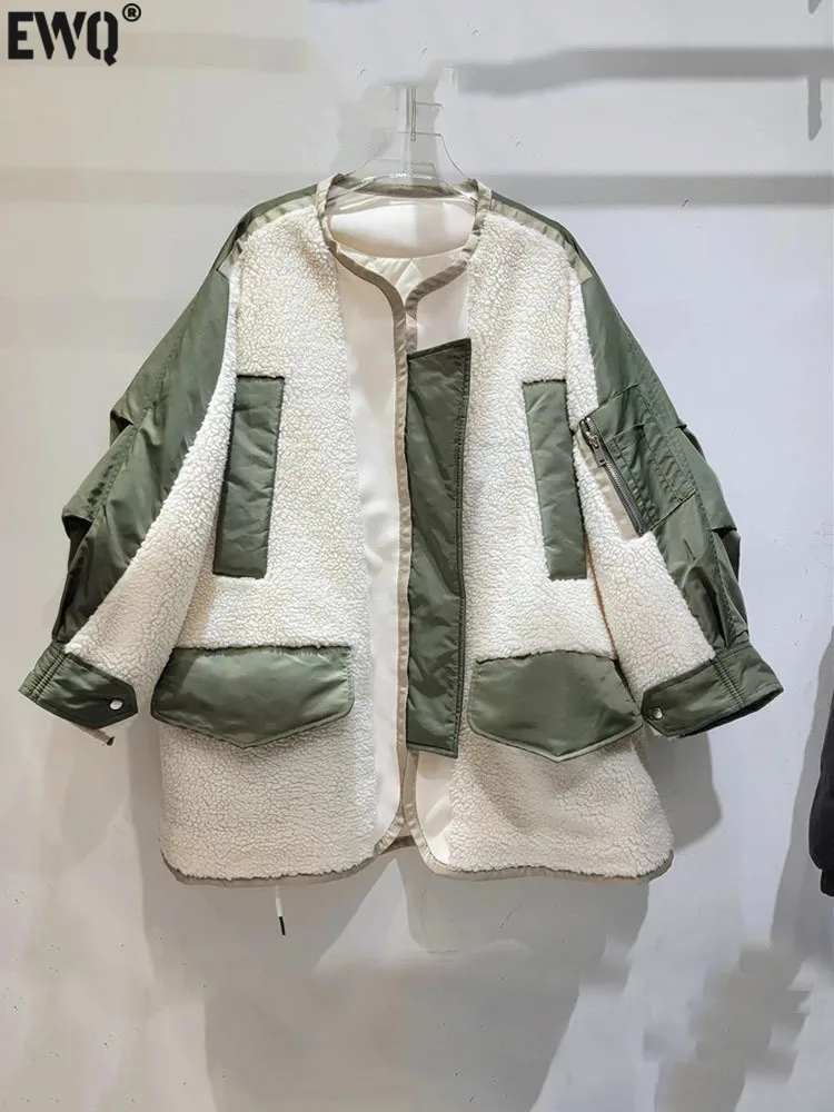 

[EWQ] Contrast Color Spliced Pockets Zipper Lamb Wool Long Sleeve Cotton Padded Coat Outerwear Jacket Woman 2023 Winter 16U5831