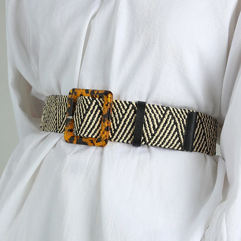 

Retro Bohemian Wide Belt Summer Wooden Square Leopard Buckle Wild Braided Belt Female Elastic Linen Weave Women Straw Waist Belt
