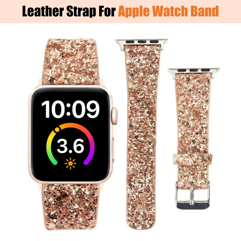 Leather Band for Apple Watch 38mm 40mm Women Bling Diamond 42 41mm 44 45mm Genuine Shiny Glitter Strap IWatch Series 7 6 5 4 3 2