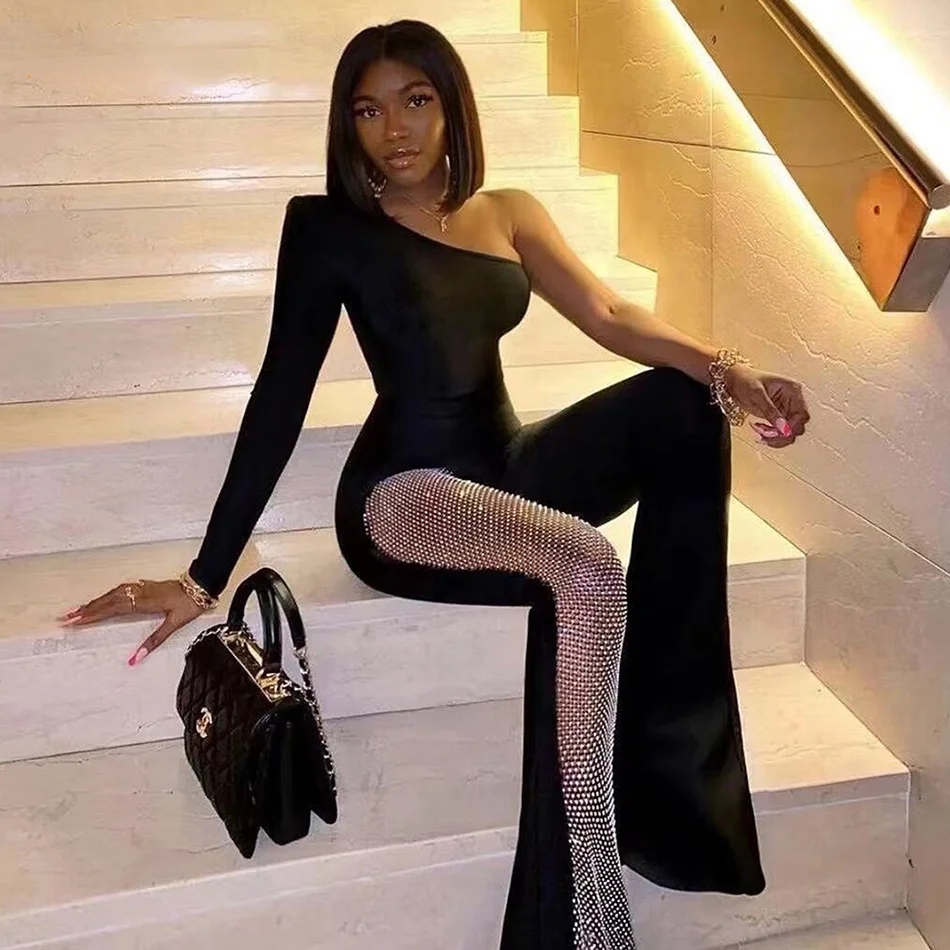 Women Sexy Black Fishnet Diamond Stitching Jumpsuit Women One-Shoulder Long-Sleeved Bodycon Wide Leg Pants Evening Party New