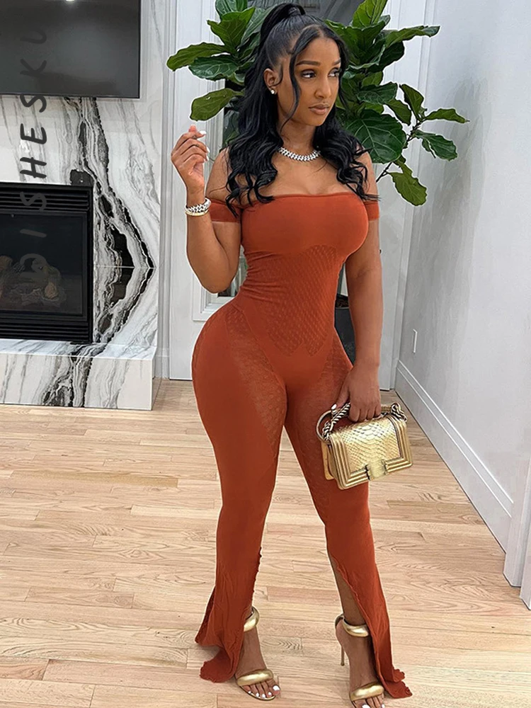 

Sexy Slash Neck Off Shoulder Bodycon Jumpsuits Women Mesh Patchwork See Through One Piece Rompers 2022 Summer Night Club Clothes