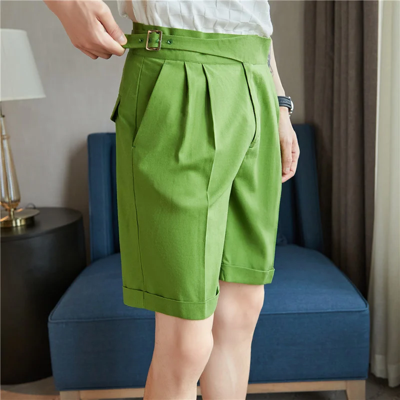 

2023 Korean Black White Green Men Shorts Matching Belt Knee-length Sashes Solid Short Pants Summer Casual Straight Bermuda