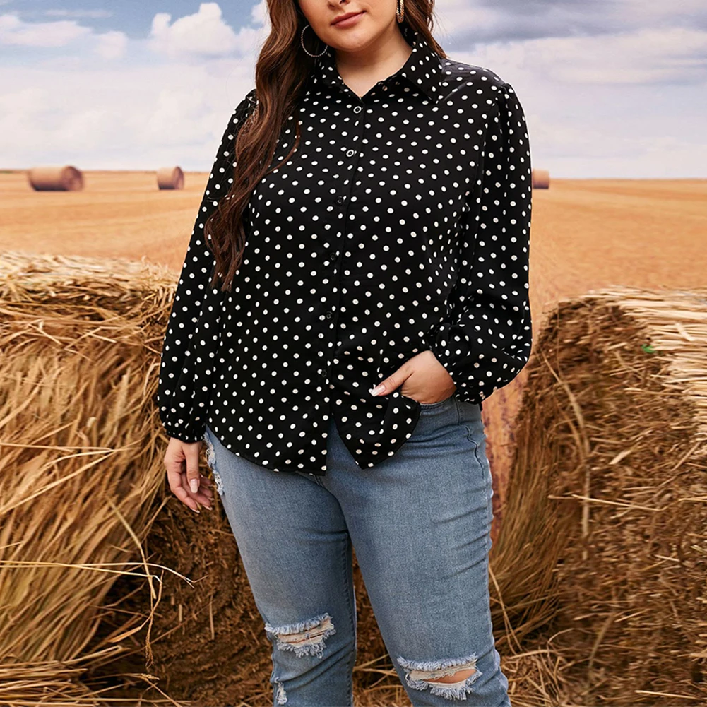 

Women Plus Size Long Sleeve Polka Dot Shirt Button Blouse Loose Lapel Tops Autumn Winter Casual Streetwear Vintage Tops