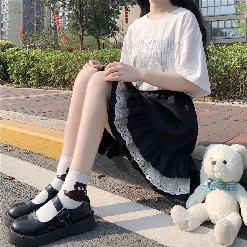 Женская плиссированная мини-юбка с оборками Готическая кружевная черная высокой