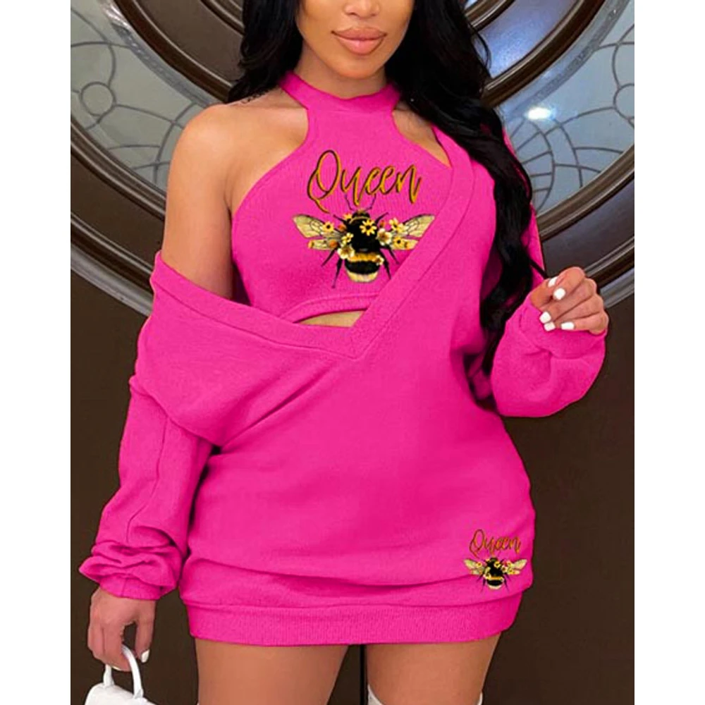 

Female Letter Bee Print Sweatshirt Dress For Women Long Sleeve Sexy Deep V Neck Mini Casual Dress With Crop Tank Top y2k