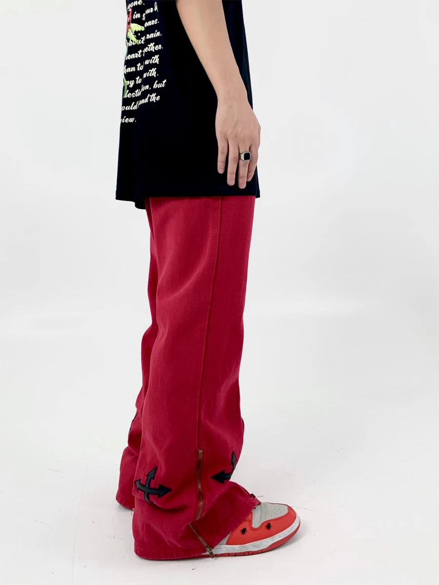 Four Seasons Men Jeans High Street Post Leather Cross Embroidery Wide Leg Pants Street Hip Hop Loose Zipper Slit Wide Leg Pants