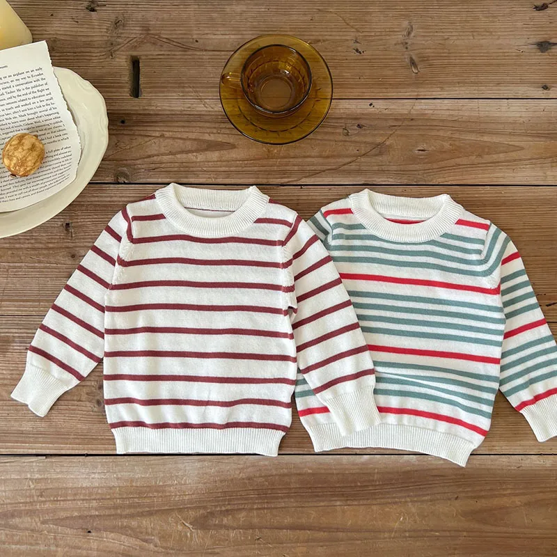 

Вязаный пуловер в полоску для новорожденных мальчиков и девочек 0-3 мес. свитер для маленьких мальчиков и девочек осень-весна Одежда для мале...