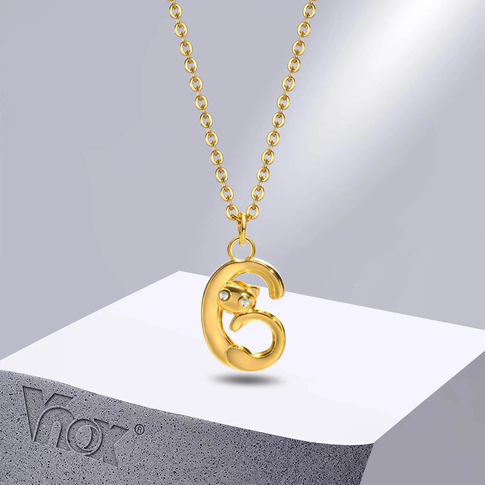 Купи Vnox Chic Cute Pet Cat Necklaces for Women, New Trendy Gold Color Stainless Steel Number Numerology Pendant Collar Gift Jewelry за 197 рублей в магазине AliExpress