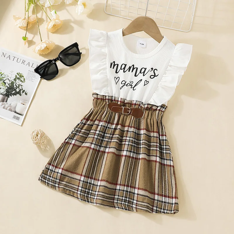 

2022 New Arrivals Girls Summer Style Dress Sleeveless O Neck Letter Plaid Brown A-Line Girl Elegant High Street Dress 0-2T