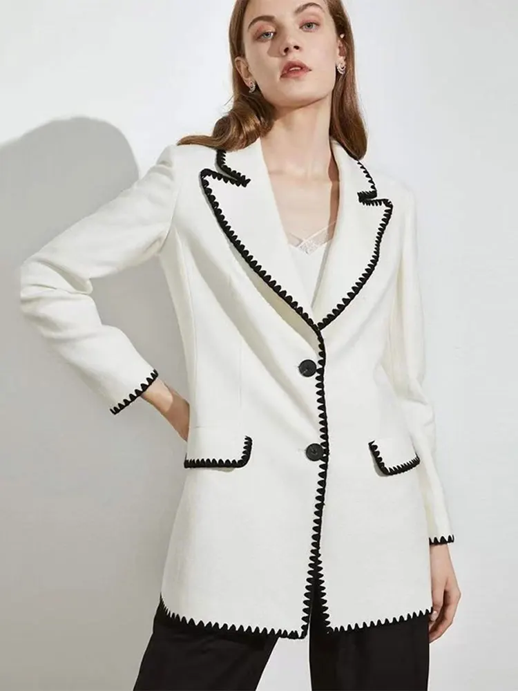 

Женское шерстяное пальто с контрастной прострочкой, элегантный блейзер с воротником и длинными рукавами, теплая куртка, осень 2023, женская уличная одежда