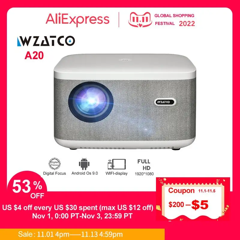

Проектор WZATCO A20 цифровой с поддержкой Full HD и Wi-Fi