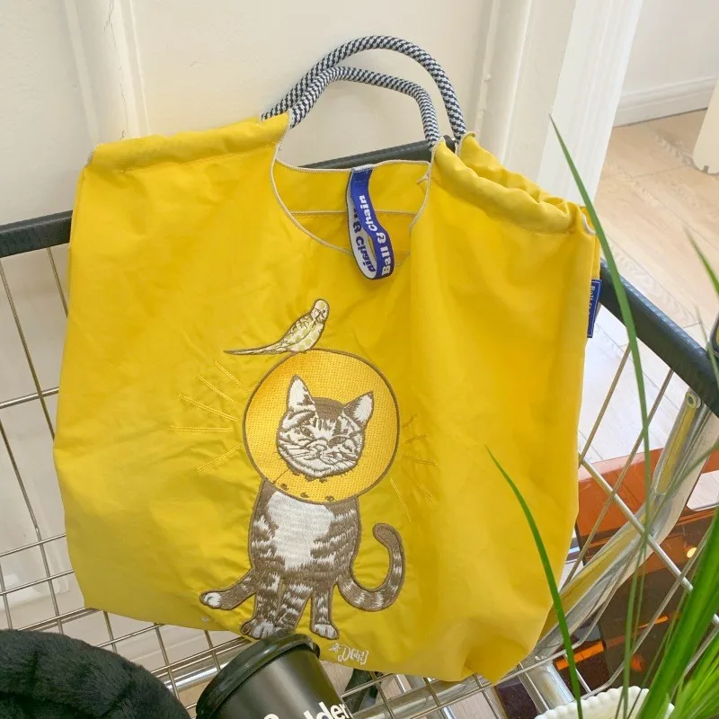 Cute Cat Embroidery Women Shoulder Bag Designer Brands Eco Bags for Women Handbags Rope Handle Drawstring Bag Large Shopper Tote