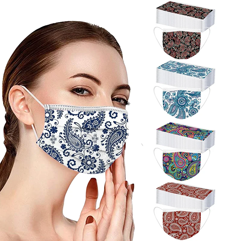 

50PCs New Cashew Flower Disposable Face Mask Adult Women Men 3-layer Filter Masks Elastic Spunlace Printed Facemasks Mascarilas