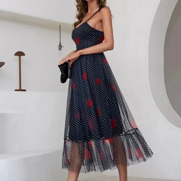 

Women's love suspender dress French large hem dress Mesh love pleated dress