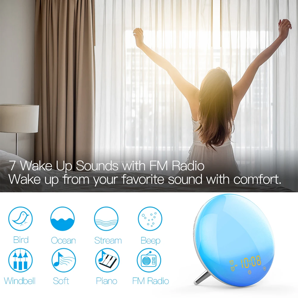 WiFi Smart Wake Up Light Workday Alarm Clock with 7 Colors Sunrise/Sunset Smart Life Tuya APP Works with Alexa Google Home