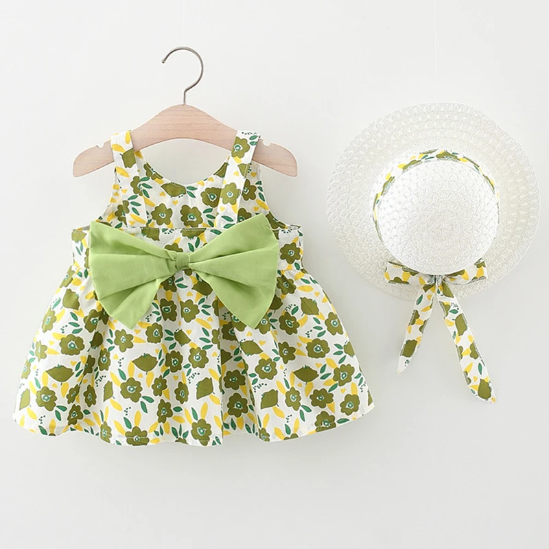 

Summer Outfits Toddler Dresses Newborn Baby Girl Clothes Cute Flowers Sleeveless Cotton Print Princess Beach Dress+Sunhat BC004