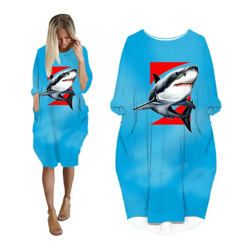 

shark 3d batwing pocket dress womens streetwear long sleeve fashion dresses casual harajuku plus size clothing vintage clothes