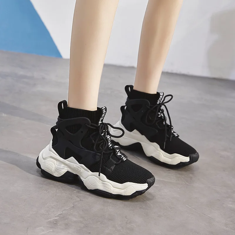 

SWYIVY Knitting Sock High Top Senakers Women White Shoes Autumn New 2020 Platform Sneakers Casual Shoes Female White Sneakers