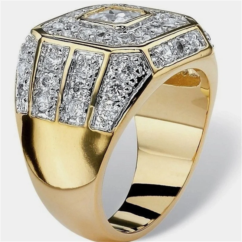 

Luxury Qualities Gold Color Square Geometry Rings for Men Trendy Metal Inlaid White Stone Wedding Engagement Jewelry