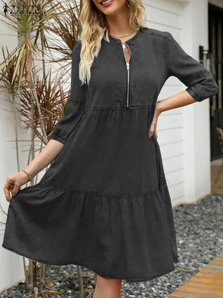 

Модель 2023 года, винтажный женский сарафан ZANZEA, модное осеннее однотонное джинсовое платье средней длины с рукавами 3/4, Повседневное платье с оборками, женское платье, кафтан