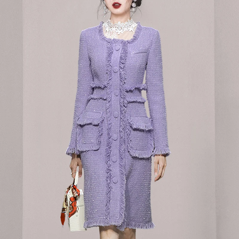 Runway Fall Korean Women's Clothes Small Fragrant Coarse Woolen Splicing Purple Tweed Female Luxury Dress Vestido