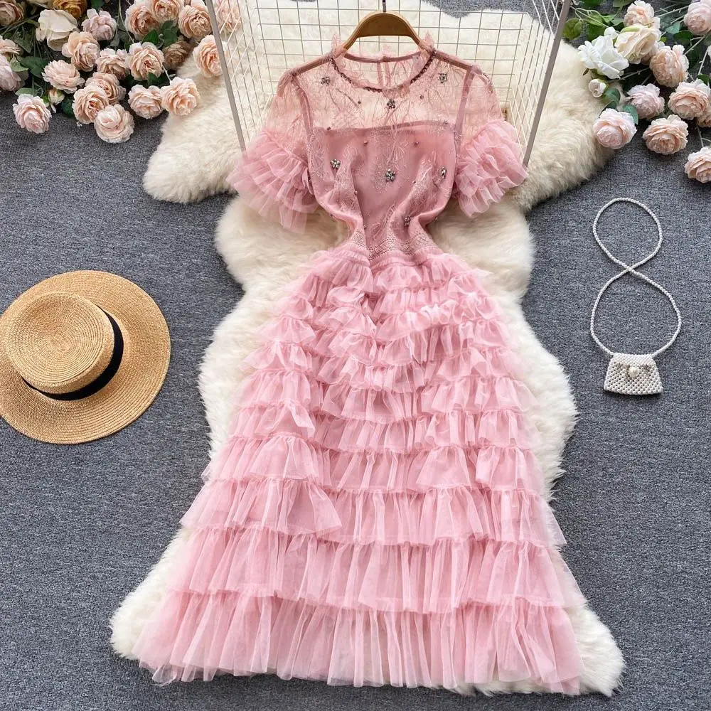 

Elegant Cascading Dress Summer New Fashion Design Women Runway High Quality Embroidery Flowers Diamond Mesh A-Line