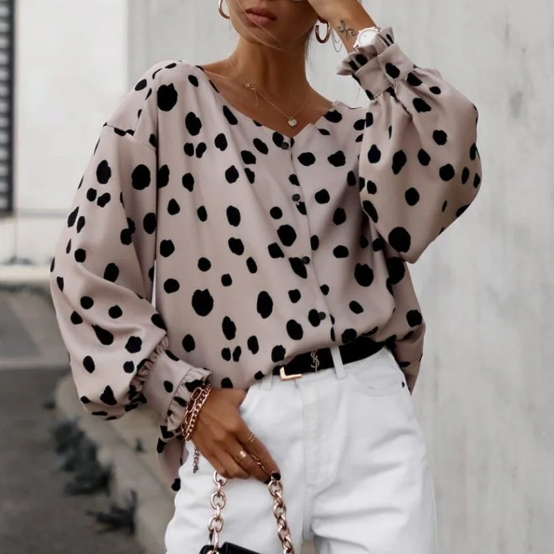 

Ladies Spring Autumn Lantern Long Sleeve Loose Pullover Top Women Single Breasted Office Shirts Elegant Polka Dot V Neck Blouse
