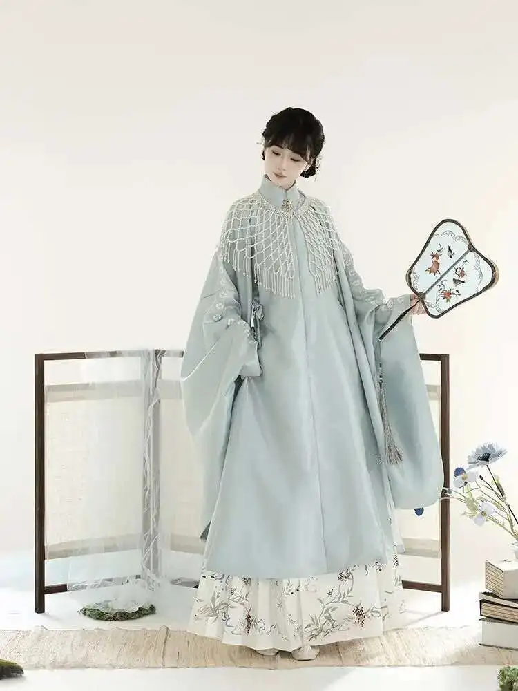 Фото Qingyi Huashang поздняя осень Hanfu женская длинная рубашка с объемными плечами династии Мин воротник-стойка диагональной вышивкой №3