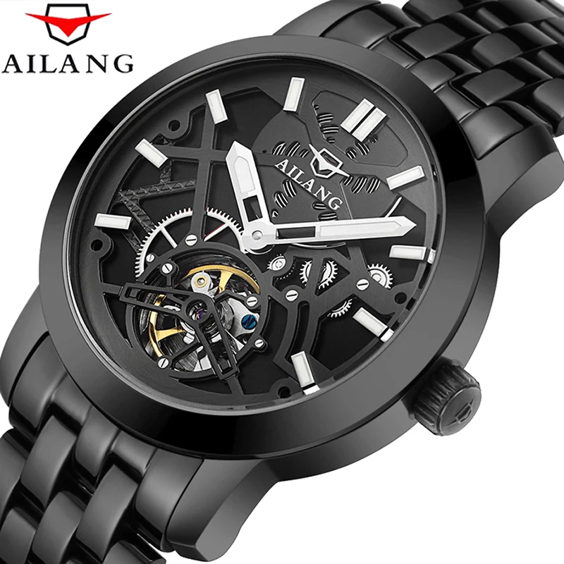 AILANG Fashion Tourbillon Skeleton Mechanical Watch Black All Steel Men's Watches Luminous Waterproof Watches Steampunk 6811C