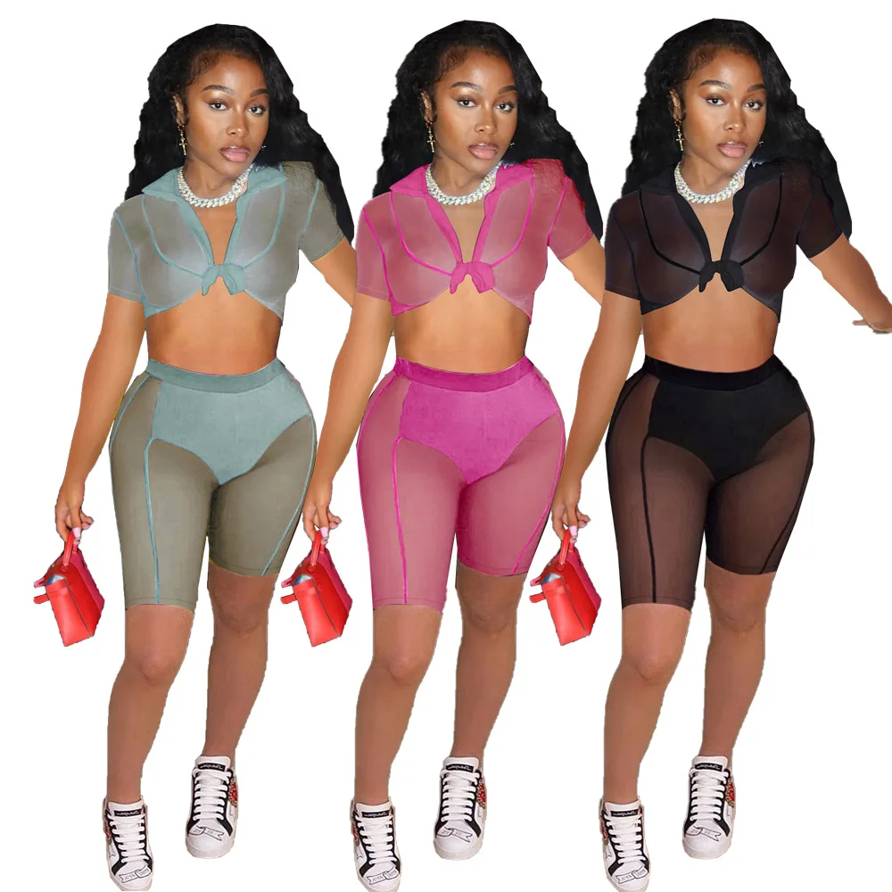 

FNOCE Sexy hollow out nightclub short sleeved medium pants women's mesh splicing perspective binding two-piece set